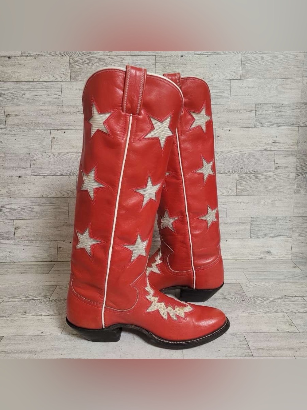 Women’s Custom Red Leather Star Inlay Patriotic Tall Rodeo Cowboy Boots Size 6 - Picture 8 of 14